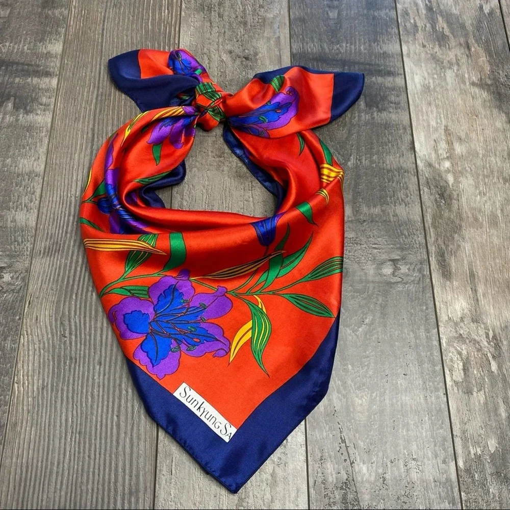 Red & Navy Floral Silk Scarf